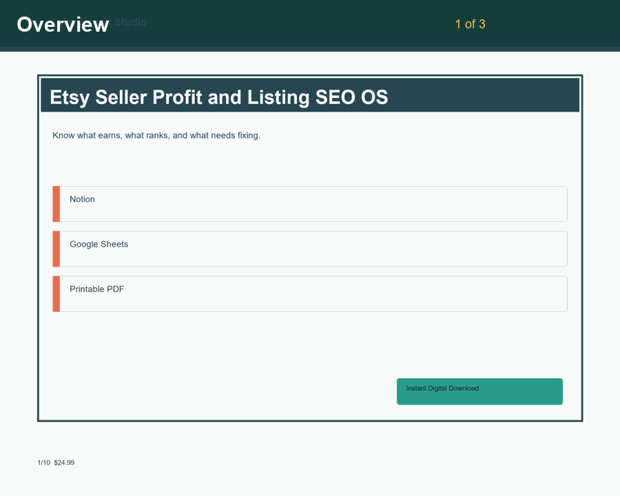 Etsy Seller Profit and Listing SEO OS 15-second preview loop